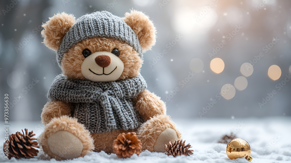 a teddy bear wearing a hat and scarf
a teddy bear wearing a hat and scarf