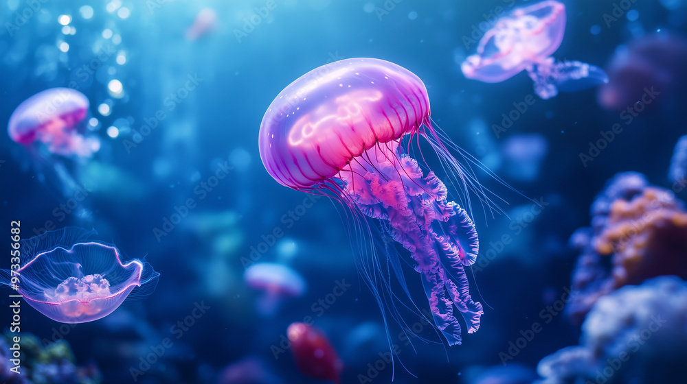 Fototapeta premium Jellyfishs swimming in blue ocean underwater animal