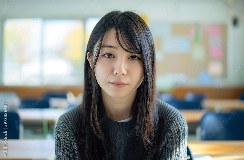 Young female teacher sitting in classroom posing for photo Young female teacher sitting in classroom posing for photo