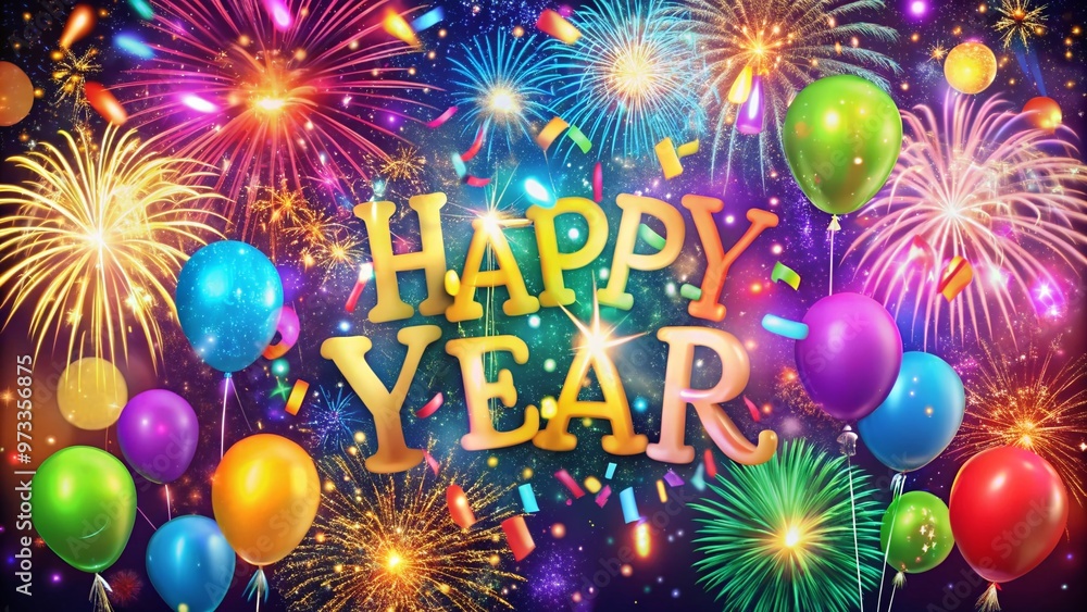 Vibrant fireworks and glittering confetti explode in a colorful background, accompanied by playful animated texts and balloons, celebrating the start of a new year. Vibrant fireworks and glittering confetti explode in a colorful background, accompanied by playful animated texts and balloons, celebrating the start of a new year.