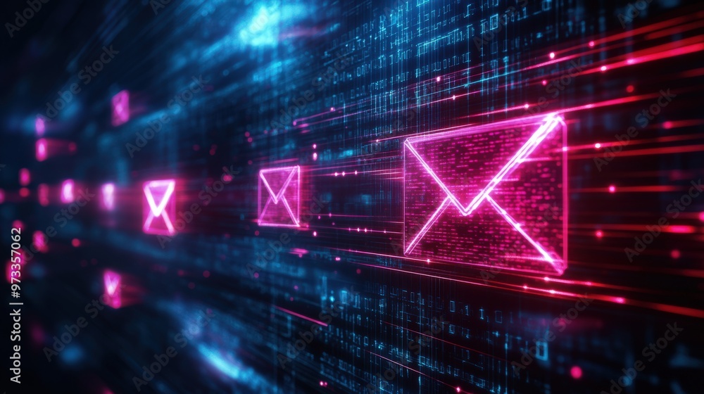 Fototapeta premium Neon Email Icons in Digital Space