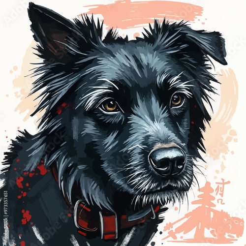 Cheerful black dog oil painting with a humorous expression , funny, cheerful, dog, oil painting, humor, colorful, art, pet. Dong vector illustration