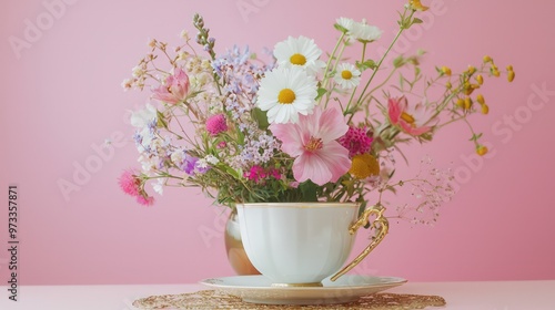 Afternoon tea setup featuring spring flowers and wildflowers in a vase, with a luxury tea cup on a gold doily against a pink background.