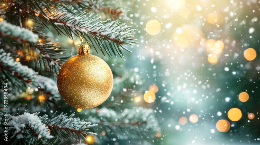 Obraz premium Festive Christmas tree with decorations with glittery baubles, frosted evergreen branches, illuminated by warm lights on a blur background. Merry Christmas banner and poster