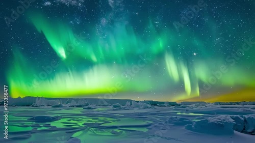 Wallpaper Mural Bright aurora borealis illuminating a frozen landscape covered by snow and ice, with a starry night sky in the background Torontodigital.ca
