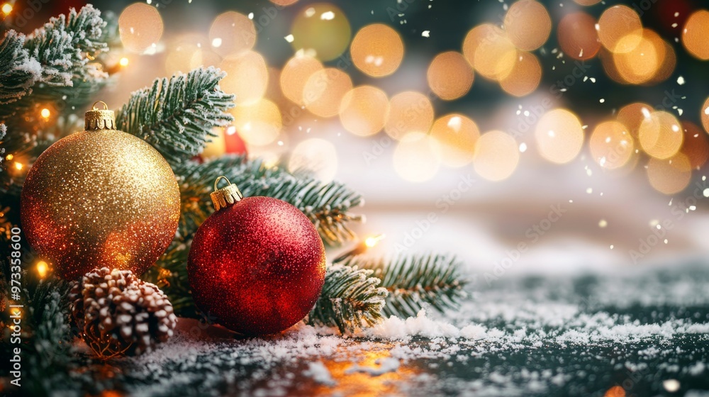 Obraz premium Festive Christmas tree with decorations with glittery baubles, frosted evergreen branches, illuminated by warm lights on a blur background. Merry Christmas banner and poster