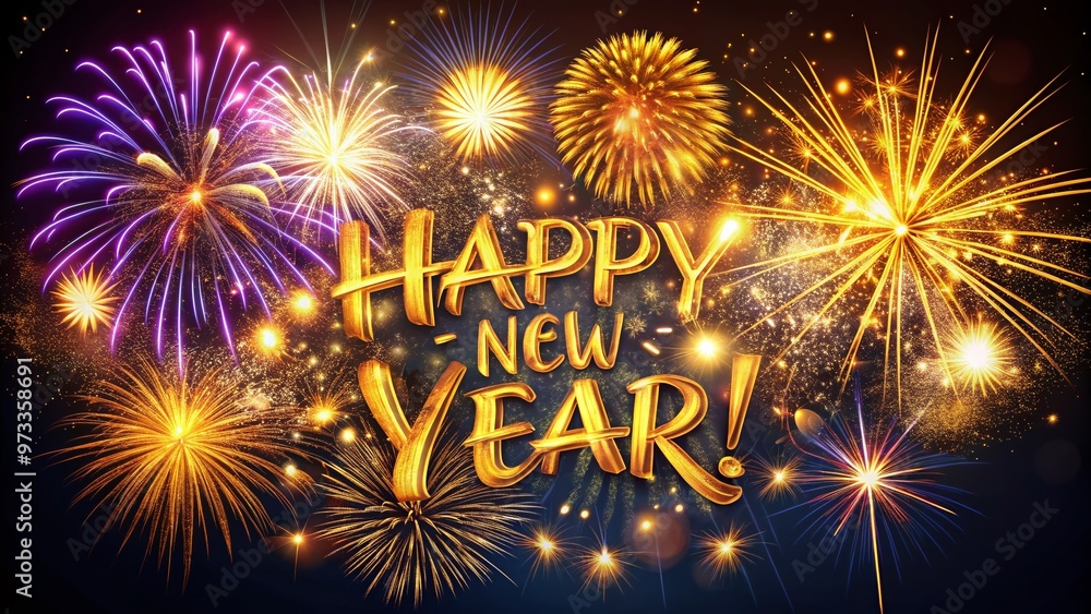 Vibrant fireworks explode in a nighttime sky behind bold, golden typography wishing a joyful and prosperous start to the new year. Vibrant fireworks explode in a nighttime sky behind bold, golden typography wishing a joyful and prosperous start to the new year.
