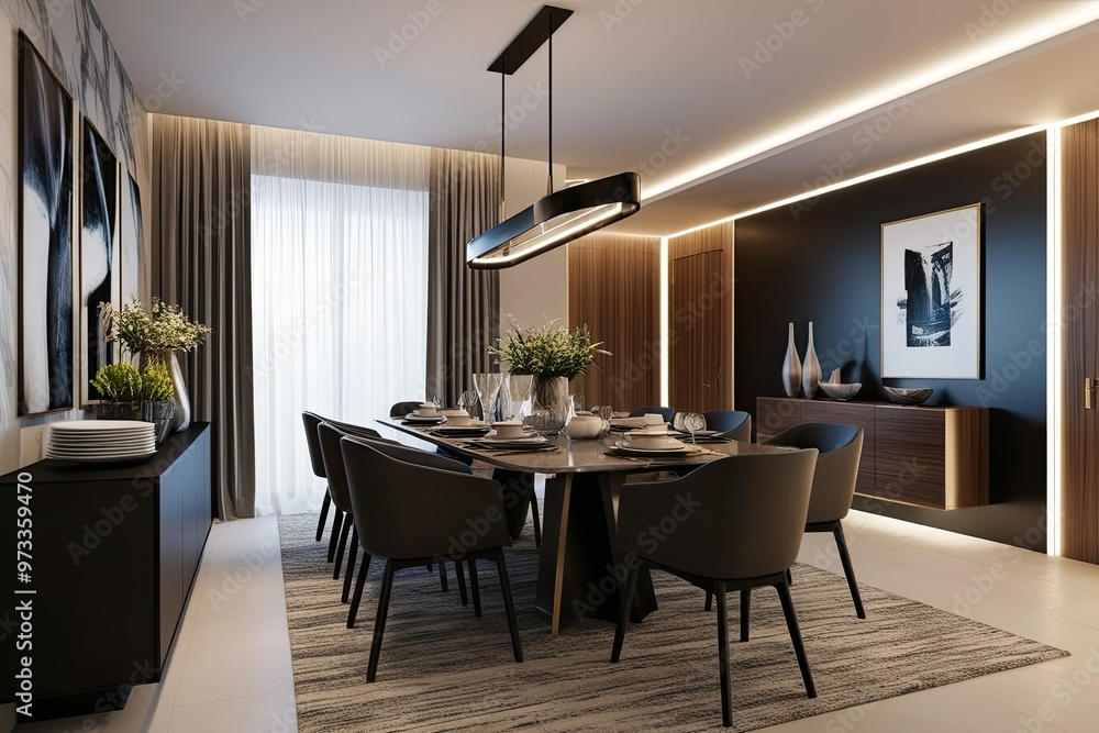 Fototapeta premium Sleek Modern Dining Room Design with Stylish Atmosphere and 3D Visualization