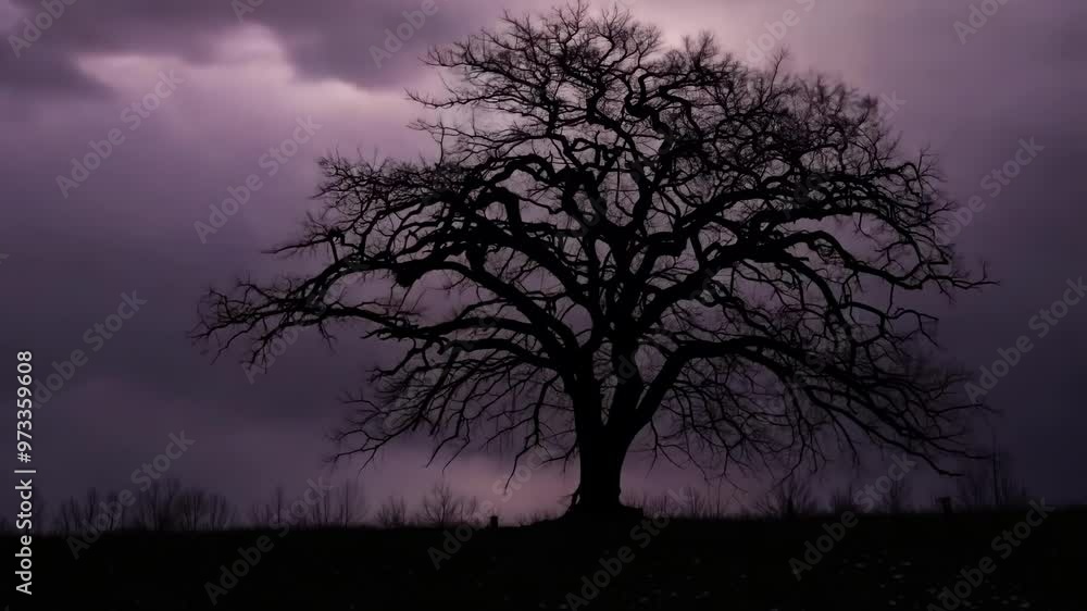 Lone, bare tree is silhouetted against a dark, stormy sky, creating a sense of isolation and mystery. The branches of the tree reach out like claws, adding to the eerie atmosphere Lone, bare tree is silhouetted against a dark, stormy sky, creating a sense of isolation and mystery. The branches of the tree reach out like claws, adding to the eerie atmosphere