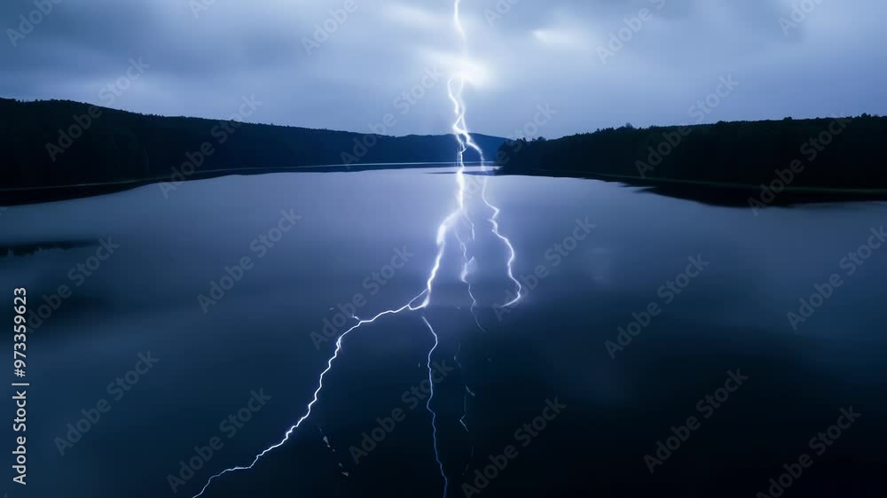 Lightning is striking the surface of a calm lake at night, illuminating the dark sky and surrounding forest. The reflection of the lightning bolt creates a symmetrical visual effect
