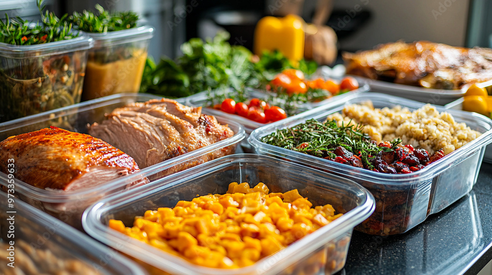 Colorful meal prep containers filled with various nutritious dishes on a kitchen counter Colorful meal prep containers filled with various nutritious dishes on a kitchen counter