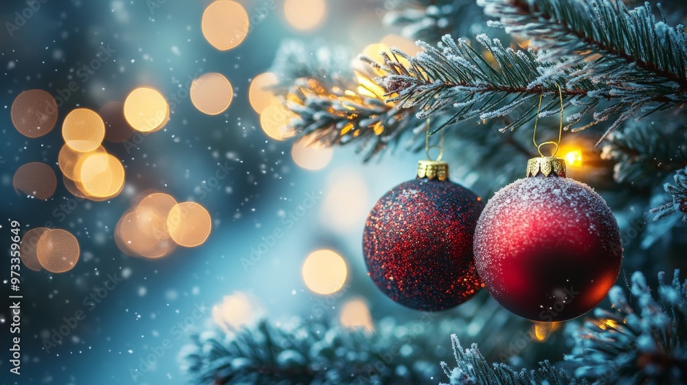 Obraz premium Festive Christmas tree with decorations with glittery baubles, frosted evergreen branches, illuminated by warm lights on a blur background. Merry Christmas banner and poster