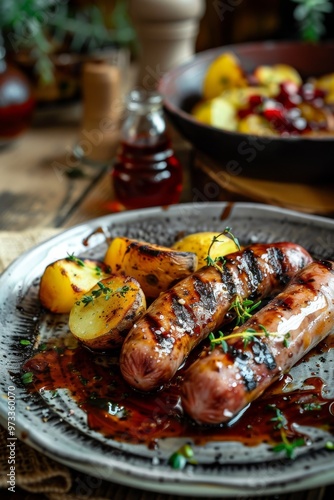 Grilled German sausages served with potatoes, showcasing the hearty, savory flavors of traditional