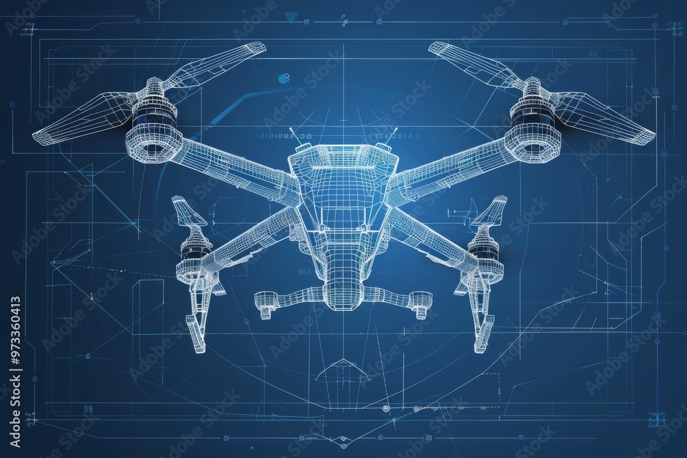 Obraz premium Vector blueprint wireframe of a quadcopter or drone, highlighting detailed line art design for