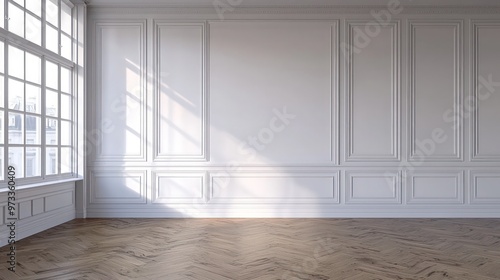 Another view of a white wall with classic style mouldings and wooden flooring in an empty room interior, providing a versatile space for interior design, rendered in 3D. photo