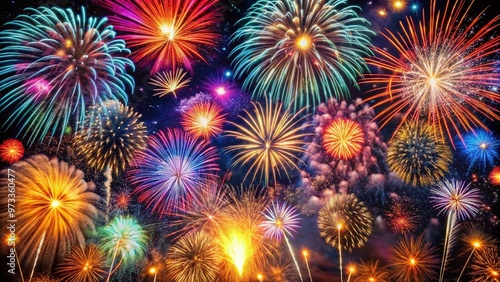 Vibrant fireworks explosion illuminates a dark night sky with bright colors and stunning patterns, perfect for conveying joyful and festive New Year's Eve celebrations.