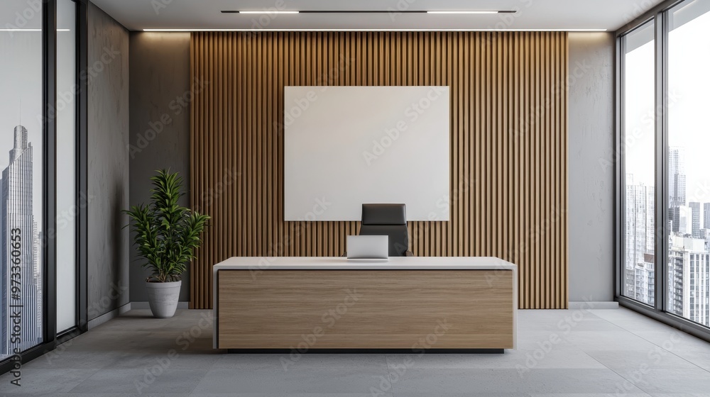 Fototapeta premium Eco-Friendly Modern Office with Bamboo Elements and Minimalist Design, Copy Space, Ultra HD