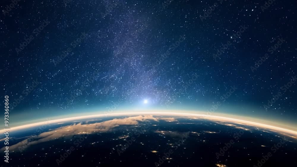 Breathtaking view of planet earth from space, showing the curvature of the planet and the thin blue atmosphere. The sun is rising over the horizon, casting a warm glow on the clouds Breathtaking view of planet earth from space, showing the curvature of the planet and the thin blue atmosphere. The sun is rising over the horizon, casting a warm glow on the clouds