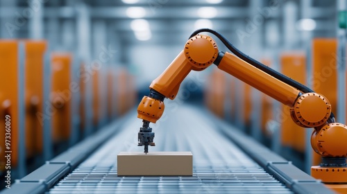 Wallpaper Mural Futuristic Robotic Arm Inspecting Product on Conveyor Belt in Advanced Manufacturing Facility with Copy Space, Ultra HD Quality Control Torontodigital.ca