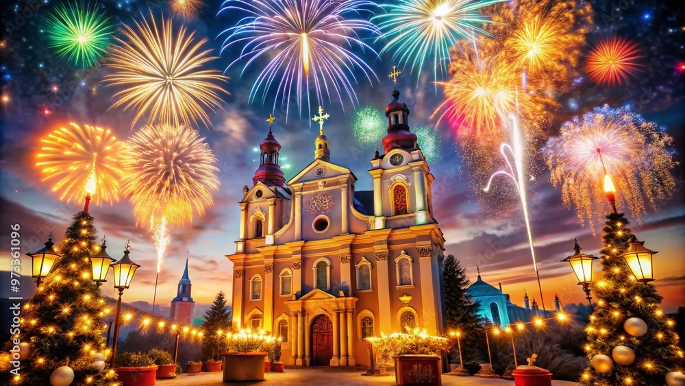 Obraz premium Vibrant fireworks illuminate a serene night sky above a majestic church, surrounded by festive decorations and candles, ushering in a joyful and spiritual New Year.