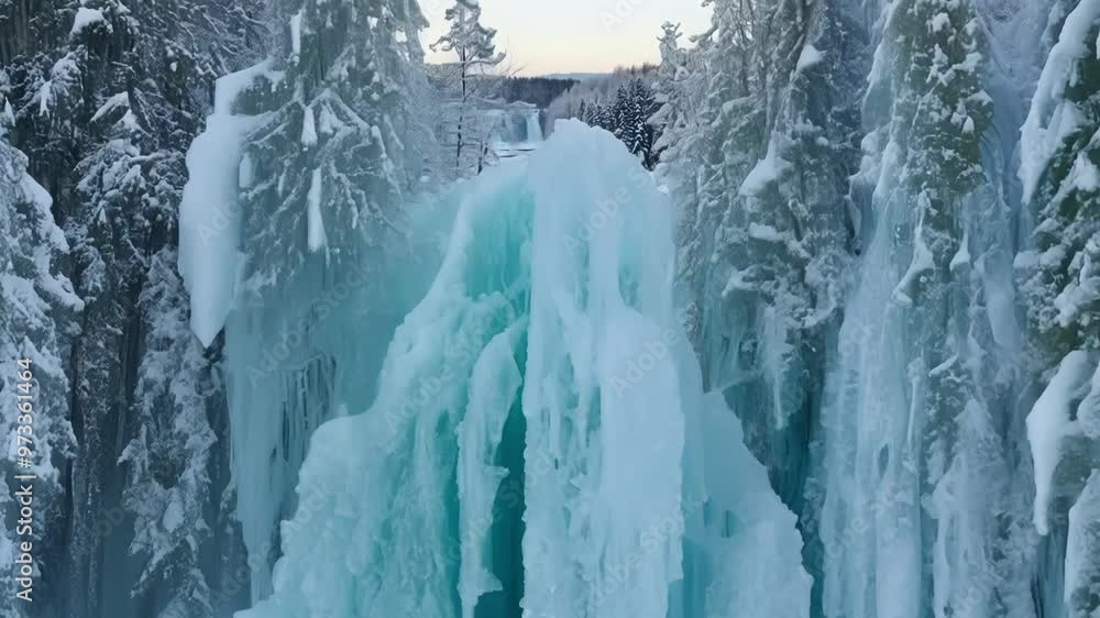Turquoise blue ice formations are created from the mist of a frozen waterfall, surrounded by snow covered pine trees in a winter wonderland Turquoise blue ice formations are created from the mist of a frozen waterfall, surrounded by snow covered pine trees in a winter wonderland