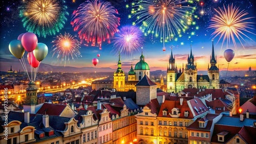 Vibrant fireworks illuminate the night sky above colorful buildings in Prague, Czech Republic, as confetti and balloons fill the air on New Year's Eve celebration.