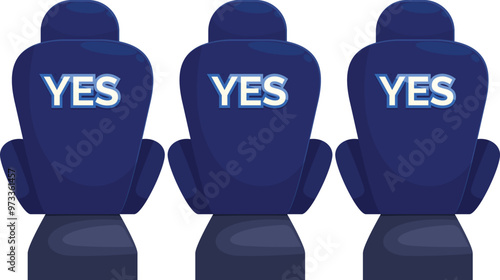 Three blue seats with yes written on them, showing positive answer or approval
