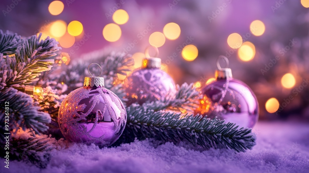 Obraz premium Festive Christmas tree with decorations with glittery baubles, frosted evergreen branches, illuminated by warm lights on a blur background. Merry Christmas banner and poster