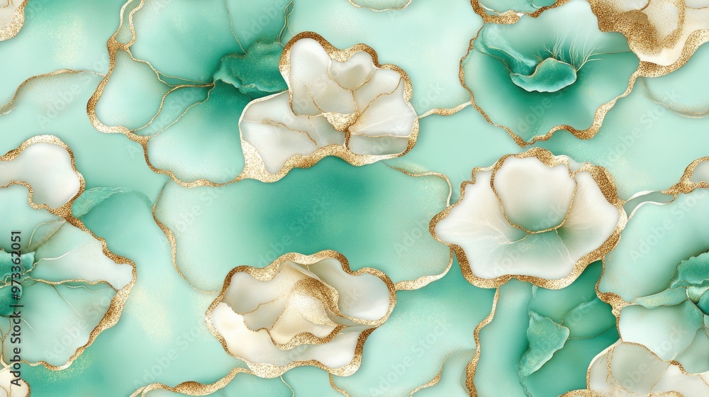 A striking close-up of white and gold marble features an ethereal icy blue glow along the edges, with radiant golden veins and intricate patterns enhancing its beauty SEAMLESS PATTERN A striking close-up of white and gold marble features an ethereal icy blue glow along the edges, with radiant golden veins and intricate patterns enhancing its beauty SEAMLESS PATTERN