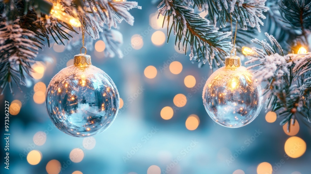 Festive Christmas tree with decorations with glittery baubles, frosted evergreen branches, illuminated by warm lights on a blur background. Merry Christmas banner and poster Festive Christmas tree with decorations with glittery baubles, frosted evergreen branches, illuminated by warm lights on a blur background. Merry Christmas banner and poster