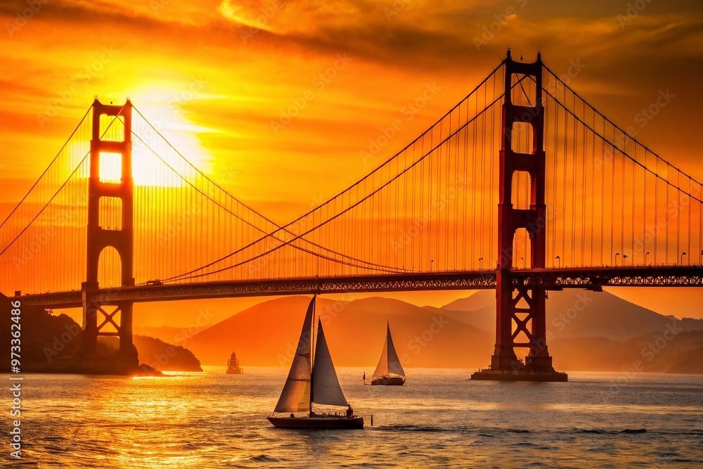 Vibrant golden gate bridge silhouette stands majestically at sunset against a warm orange sky with sailboats and Vibrant golden gate bridge silhouette stands majestically at sunset against a warm orange sky with sailboats and