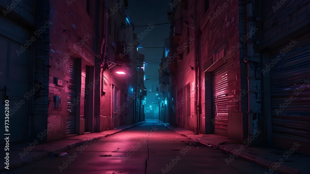 Fototapeta premium Neon lights in pink and blue on a city alley. city street in a neo-noir pink and blue design. neon lights in a pink and blue gradient, reminiscent of a cyberpunk alleyway. Artificial Intelligence
