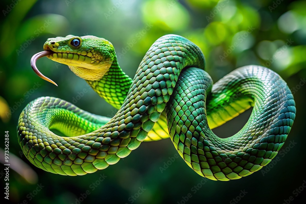 Obraz premium Vibrant green serpent coils and twists, suspended mid-air, its body a blur of motion, as if defying gravity