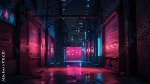 Neon lights in pink and blue on a city alley. city street in a neo-noir pink and blue design. neon lights in a pink and blue gradient, reminiscent of a cyberpunk alleyway. Artificial Intelligence photo