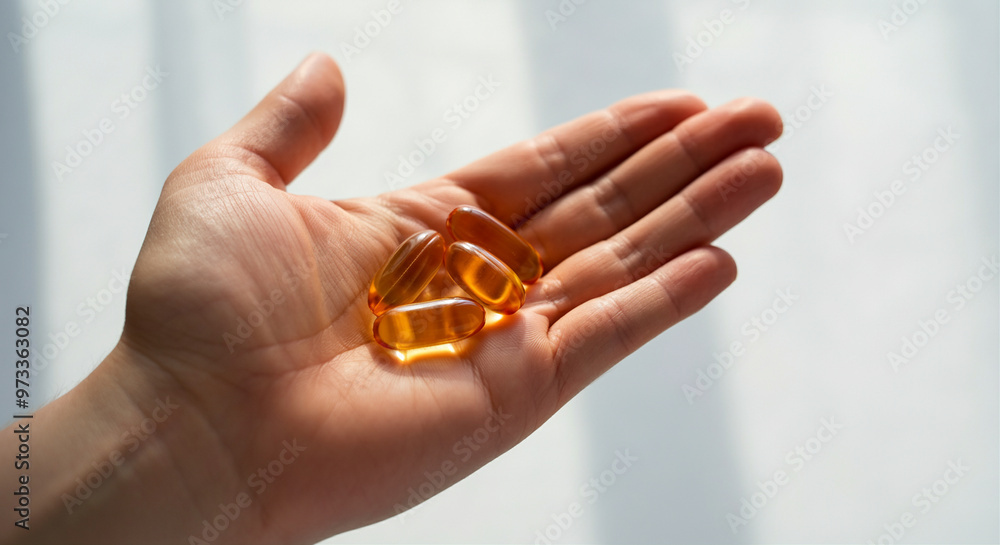 Gel capsules in hand showcasing nutritional supplements for health and wellness Gel capsules in hand showcasing nutritional supplements for health and wellness