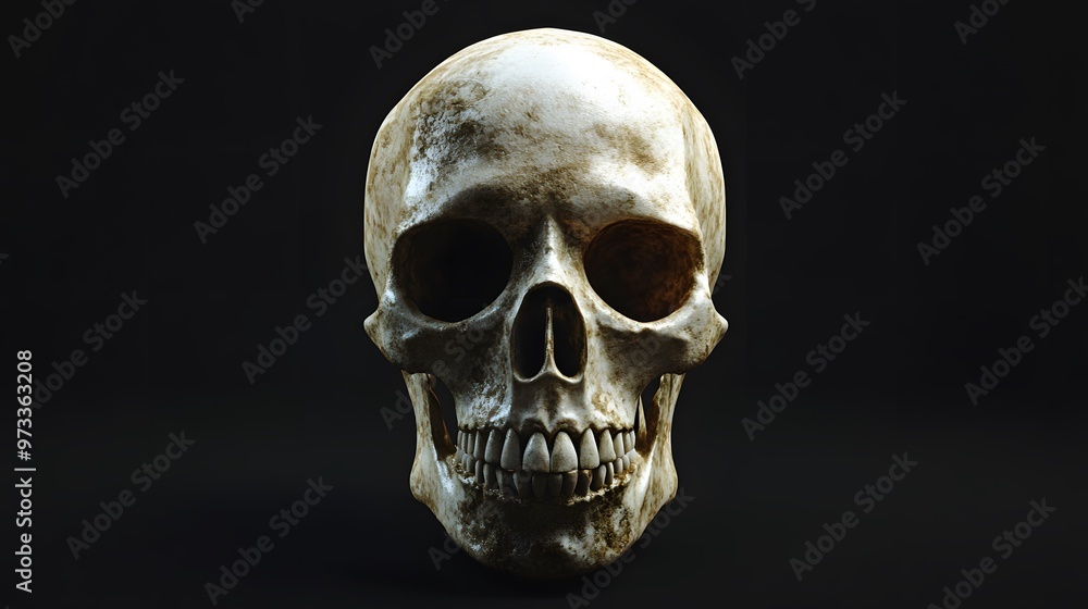 A close-up view of an ancient human skull against a dark background, highlighting its texture and eerie detail.