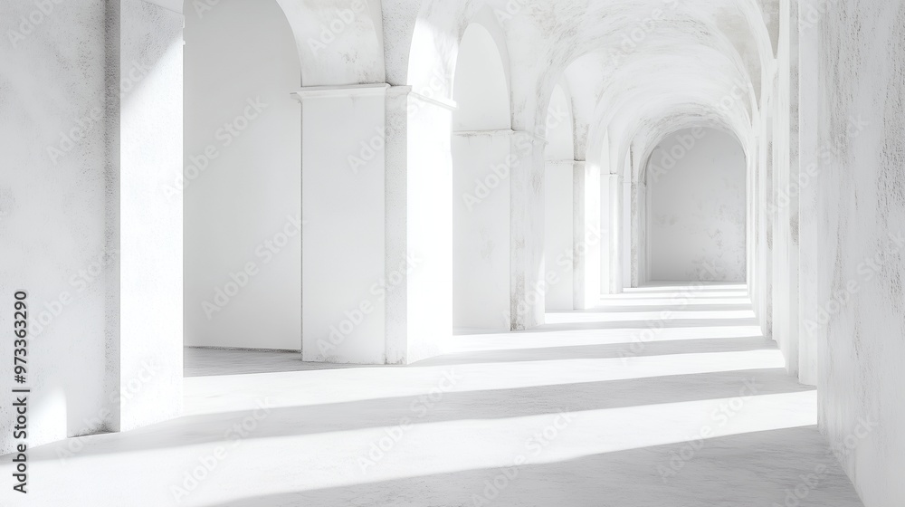 White vaulted hallway with light streaming in. White vaulted hallway with light streaming in.