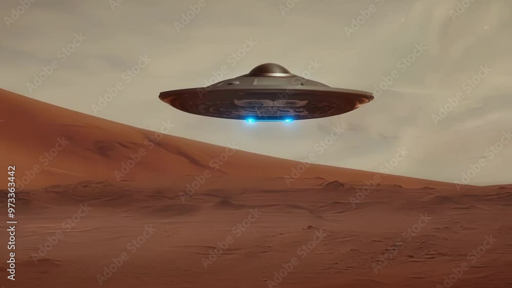Spaceship is hovering over a red, dusty martian desert landscape, casting a mysterious blue glow. The vastness of space and the unknown possibilities of alien life are palpable in this image Spaceship is hovering over a red, dusty martian desert landscape, casting a mysterious blue glow. The vastness of space and the unknown possibilities of alien life are palpable in this image