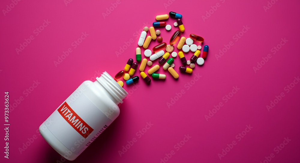 Vitamin bottle spilling colorful vitamins on vibrant pink background promoting health and wellness Vitamin bottle spilling colorful vitamins on vibrant pink background promoting health and wellness