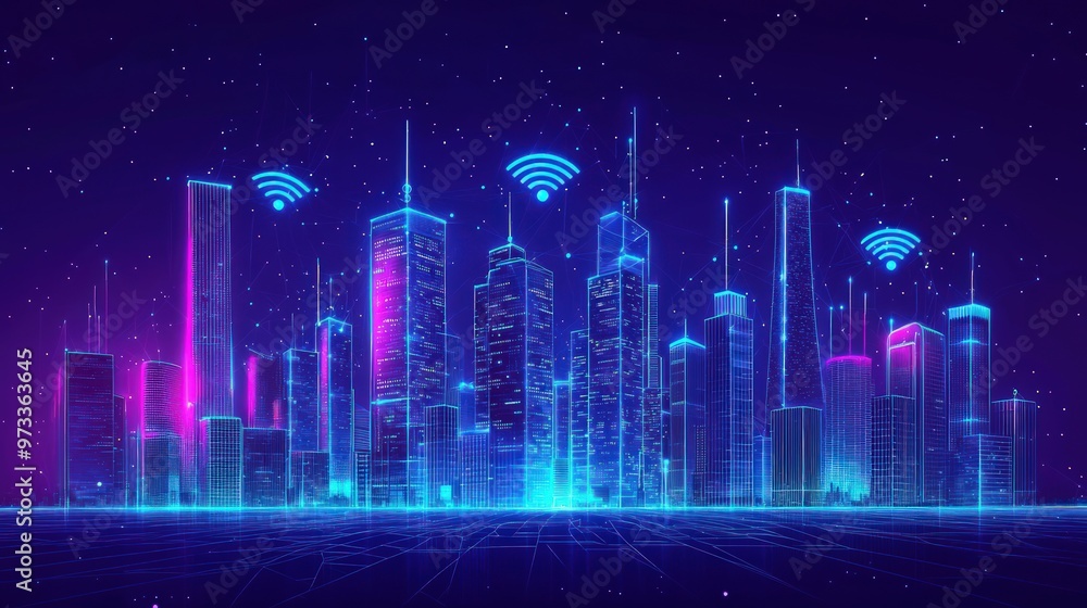 Concept of a Wi-Fi-enabled smart city depicted in low poly wireframe, symbolizing building automation. Concept of a Wi-Fi-enabled smart city depicted in low poly wireframe, symbolizing building automation.