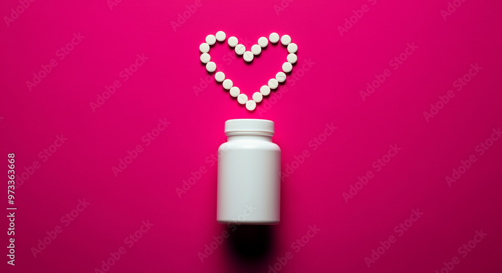 Pills in heart shape around white bottle on pink background representing health and medication Pills in heart shape around white bottle on pink background representing health and medication
