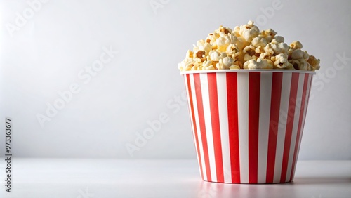 A close up view of a paper striped bucket filled with delicious popcorn photographed against a clean white background with a shallow depth of field, striped, entertainment, cinema, treat