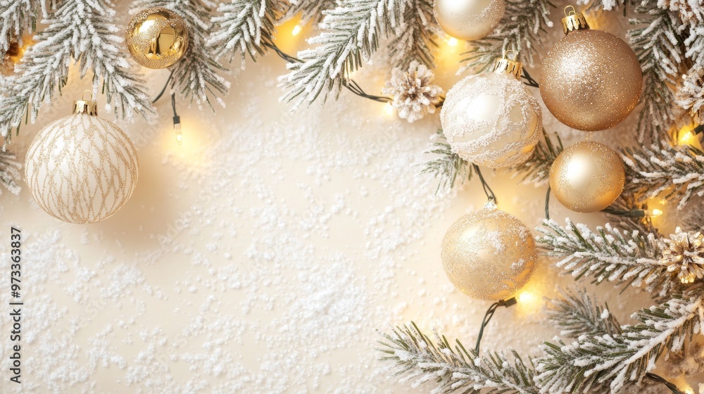 Festive Christmas tree with decorations with glittery baubles, frosted evergreen branches, illuminated by warm lights on a blur background. Merry Christmas banner and poster Festive Christmas tree with decorations with glittery baubles, frosted evergreen branches, illuminated by warm lights on a blur background. Merry Christmas banner and poster