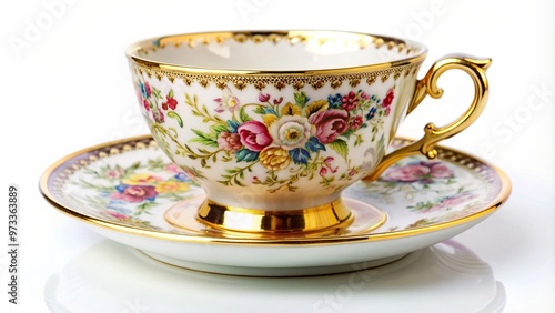 delicate china, An exquisite antique porcelain tea cup featuring intricate floral patterns and delicate gold trim captured from a worm s eye view against a pristine white background photo