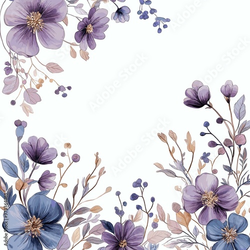 Elegant Floral Border Design with Purple and Blue Flowers on White Background