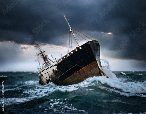 Wallpaper Mural Old, rusty ship is sinking in a stormy ocean with dramatic clouds and heavy rain Torontodigital.ca