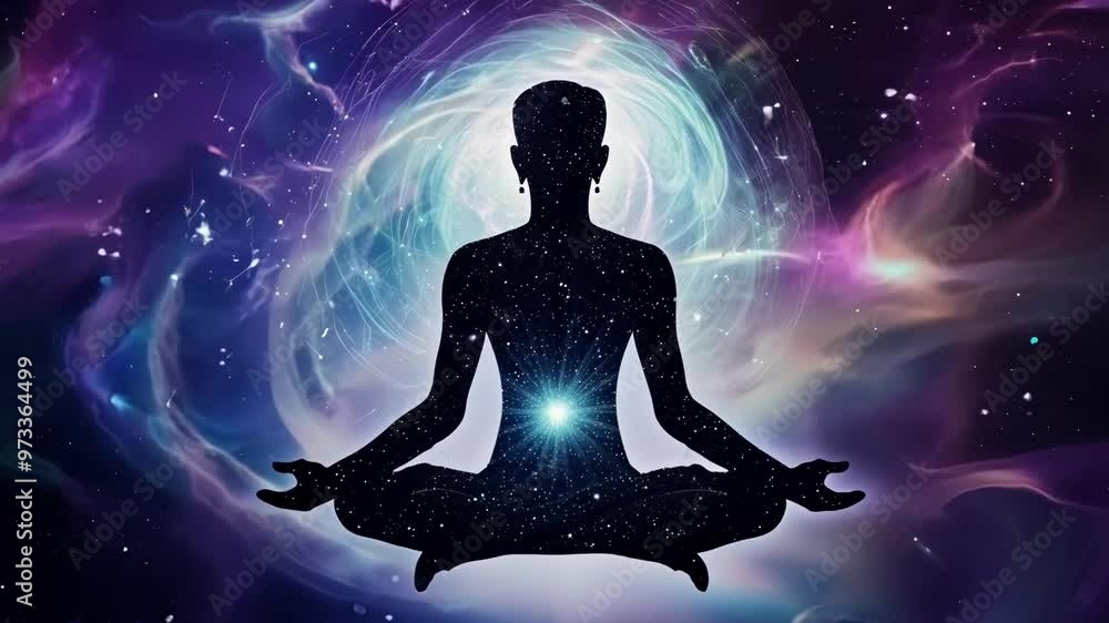 Person meditating in space, surrounded by stars and light, evoking peace and connection with the universe Person meditating in space, surrounded by stars and light, evoking peace and connection with the universe