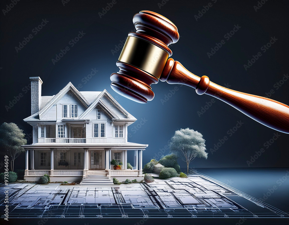Wooden auction gavel is poised above a model home and blueprint, representing the concept of real estate law Wooden auction gavel is poised above a model home and blueprint, representing the concept of real estate law