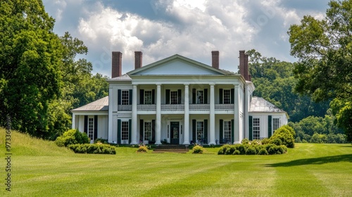 A white, two-story, antebellum mansion with a large porch and tall columns sits on a manicured lawn surrounded by trees.