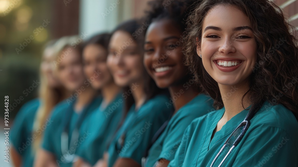 Diverse team of young women medical students in scrubs on a university campus, symbolizing education and healthcare. Diverse team of young women medical students in scrubs on a university campus, symbolizing education and healthcare.